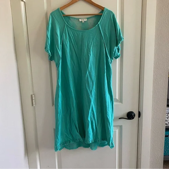Umgee Turquoise Linen blend Dress with lace back, pockets & fringe hem. Sz 1XL. - Picture 1 of 11